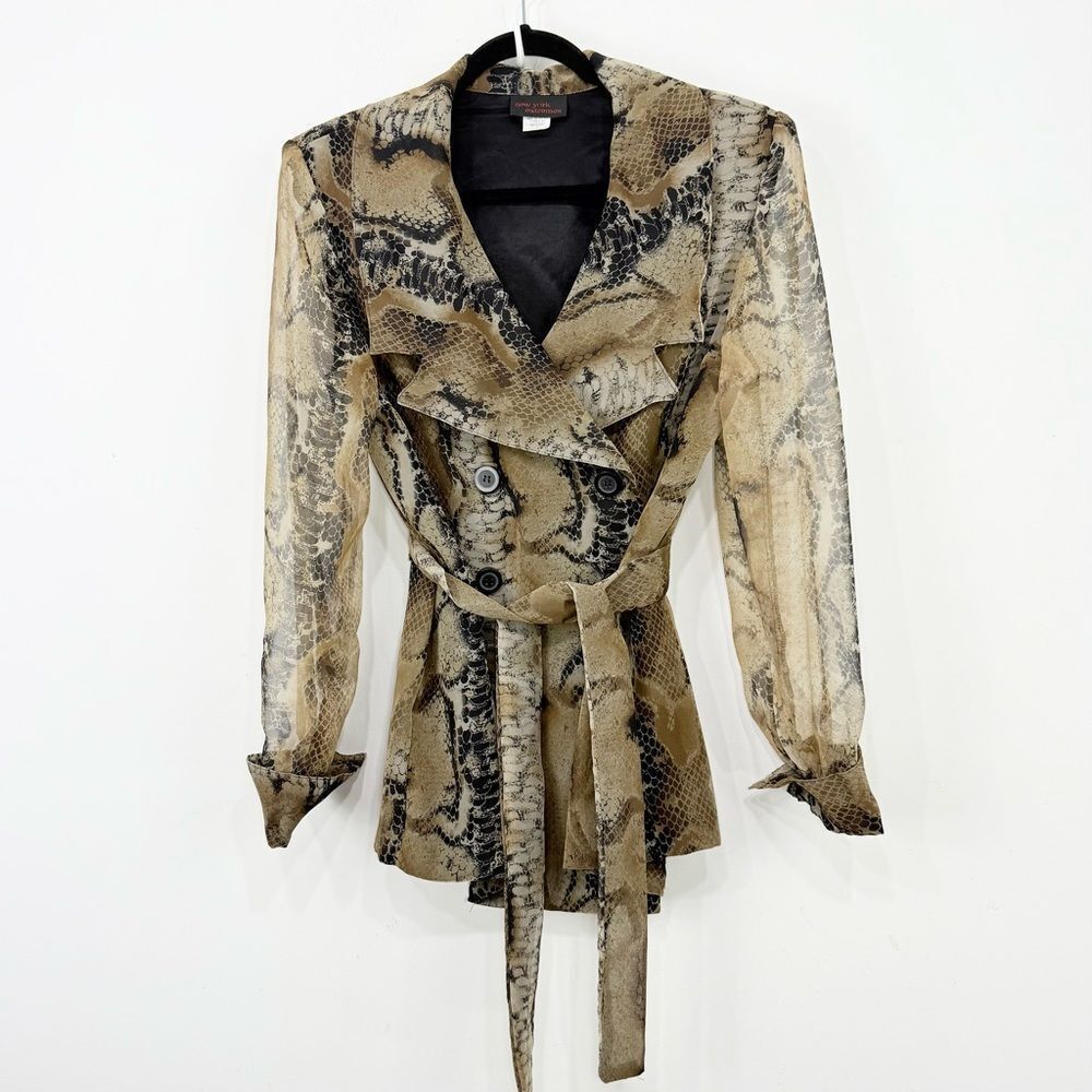 Sheer Snake-Print Tie-Waist Blazer Jacket - Beige/Brown